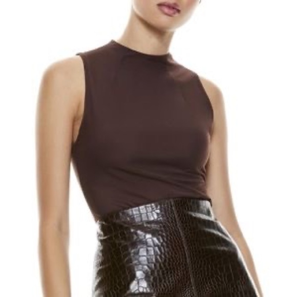 Alice + Olivia Becker Crew Neck Bodysuit Chocolate